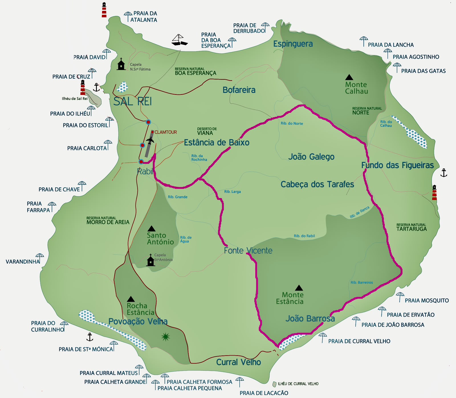Mapa da ilha da Boa Vista com praias e pontos de interesse